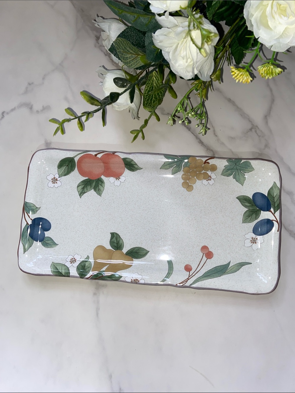 Mikasa Rectangular Ceramic Serving Platter with Multicolor Fruit Motif Serving